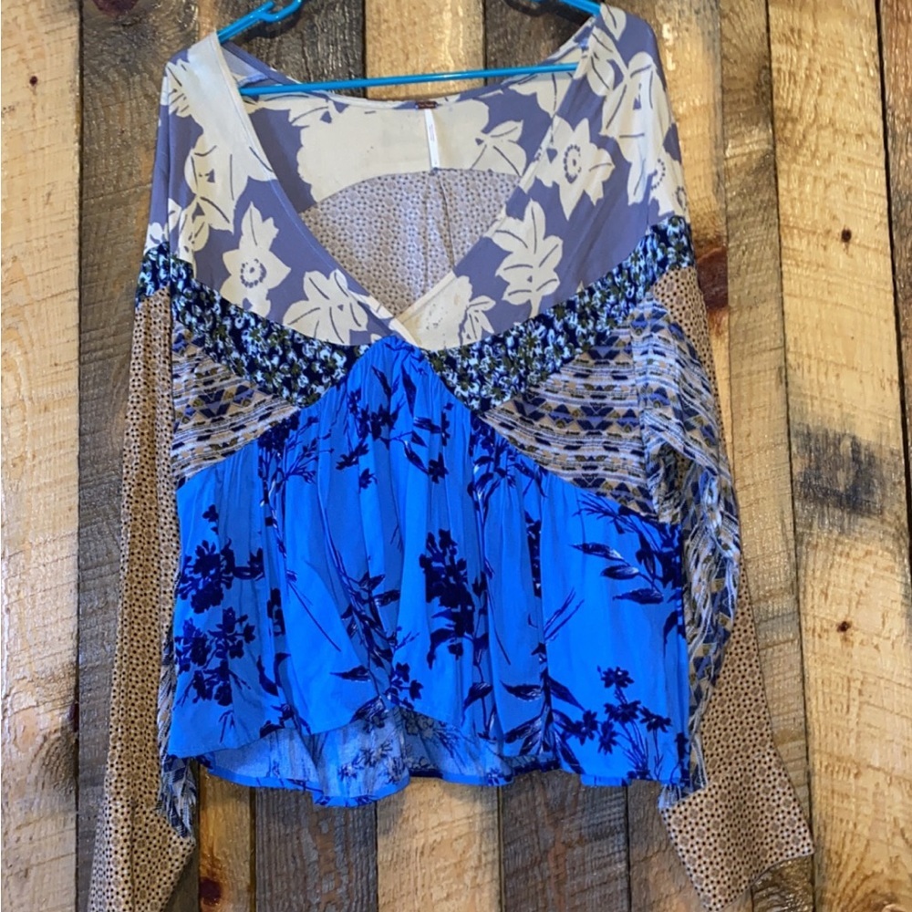 Free People Mixed-Print Long Sleeve Top in Blue, Cream, Tan